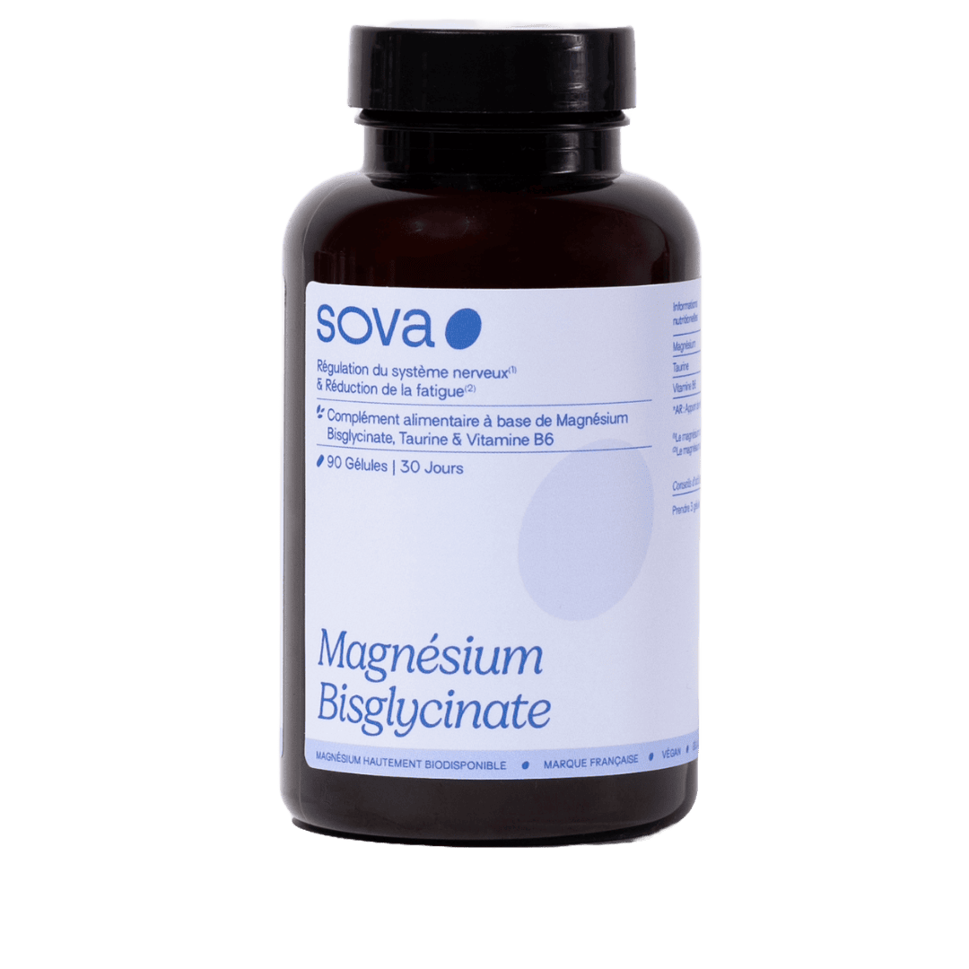 Magnésium bisglycinate Sova : réduit la fatigue, apaise le stress, soutient le sommeil et les fonctions nerveuses.