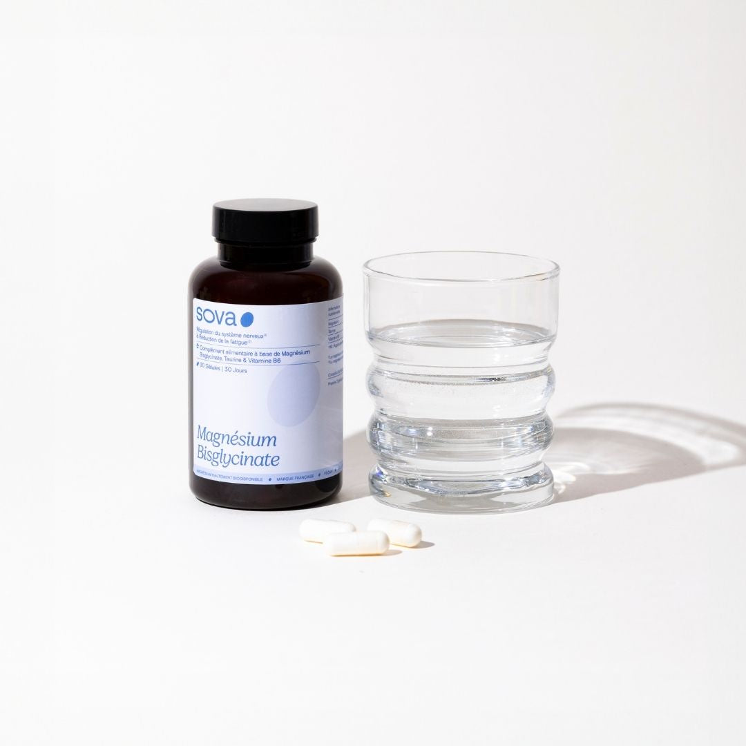Magnésium bisglycinate Sova : réduit la fatigue, apaise le stress, soutient le sommeil et les fonctions nerveuses.