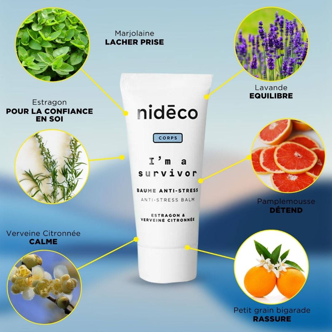 composition naturelle et saine du baume anti-stress nideco (pamplemousse,lavande, verveine, estragon, marjolaine...)